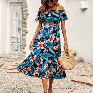 Dress - Tropical print off shoulder ruffle hem belted dress